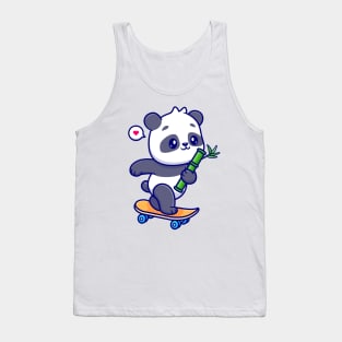 Cute Panda Holding Bamboo On Skateboard Cartoon Tank Top